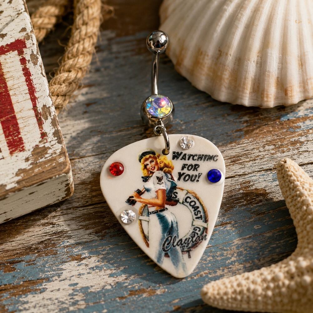 Handmade Coast Guard Pinup Girl Guitar Pick Belly Ring | Rhinestone Dangle Navel